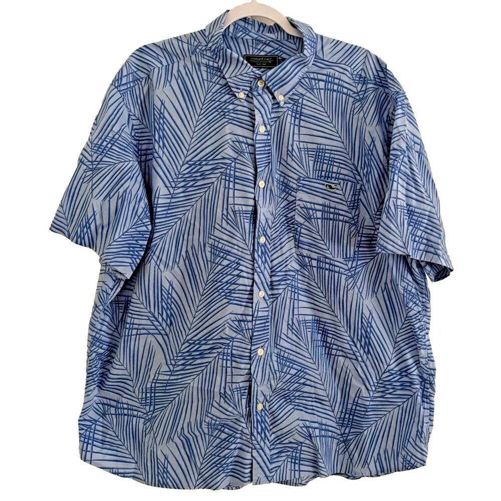 Vineyard Vines Shirt Men's Size XXL Short Sleeve Blue Palm Button Up Resortwear